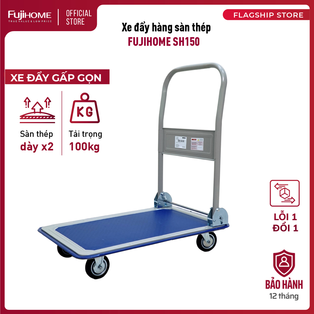 Xe đẩy hàng gấp gọn 4 bánh 120kg sàn thép nhập khẩu FUJIHOME SH150 - bánh xe chống ồn, Chính hãng bảo hành 1 năm