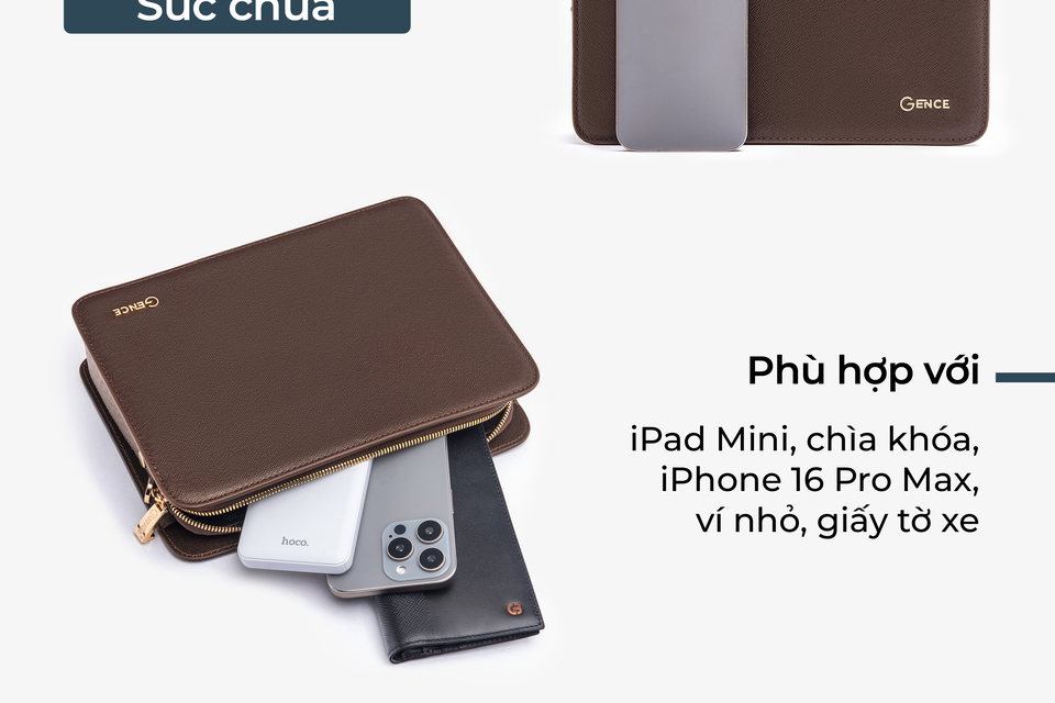 Ví Cầm Tay Clutch Da Nam Hàng Hiệu GENCE CK15 Da Bò Khóa Số Cao Cấp Màu Nâu