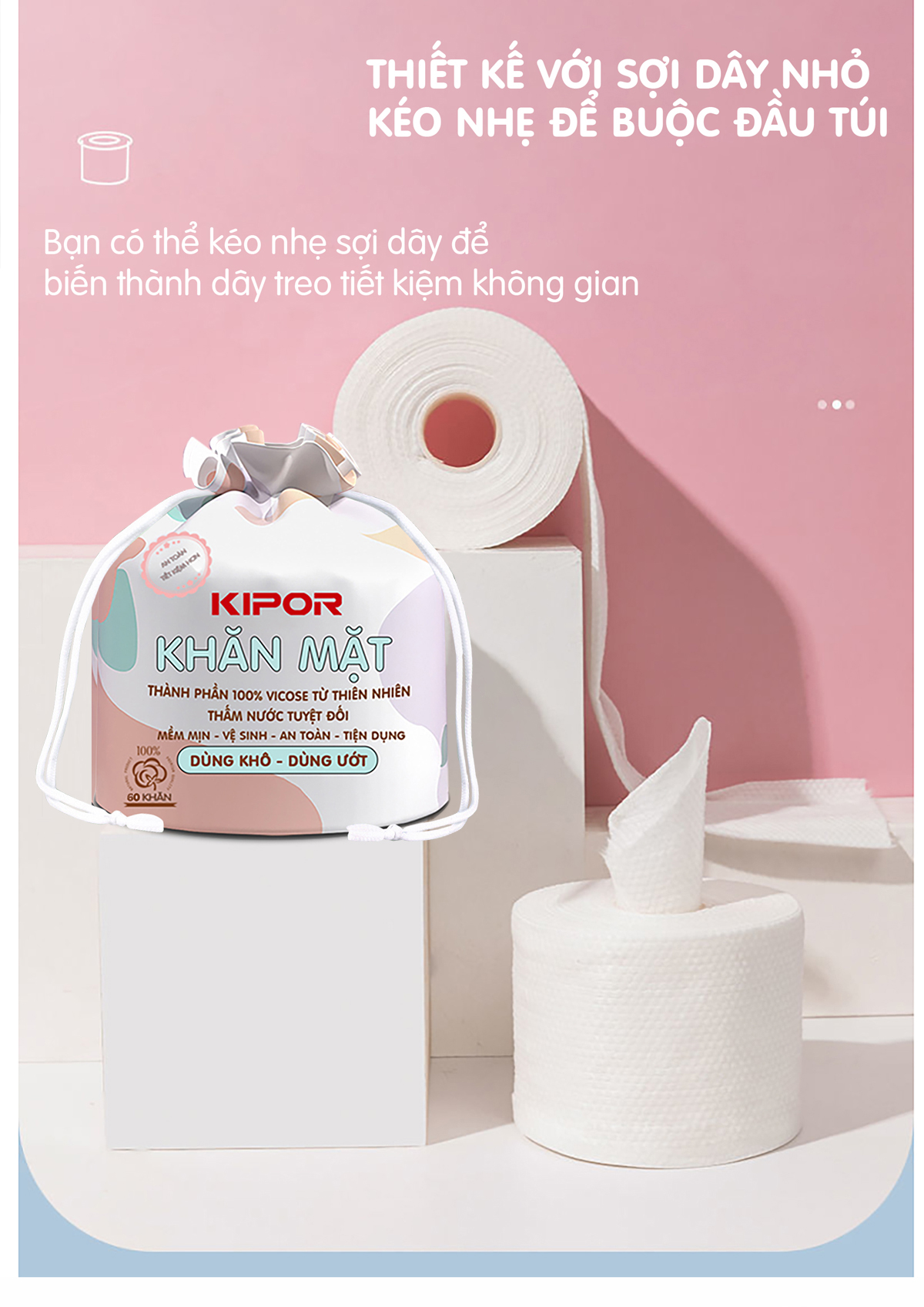 Khăn mặt khô KIPOR dùng 1 lần lau khô, lau ướt - 60 khăn/cuộn, kích thước 20x20cm - Hàng chính hãng