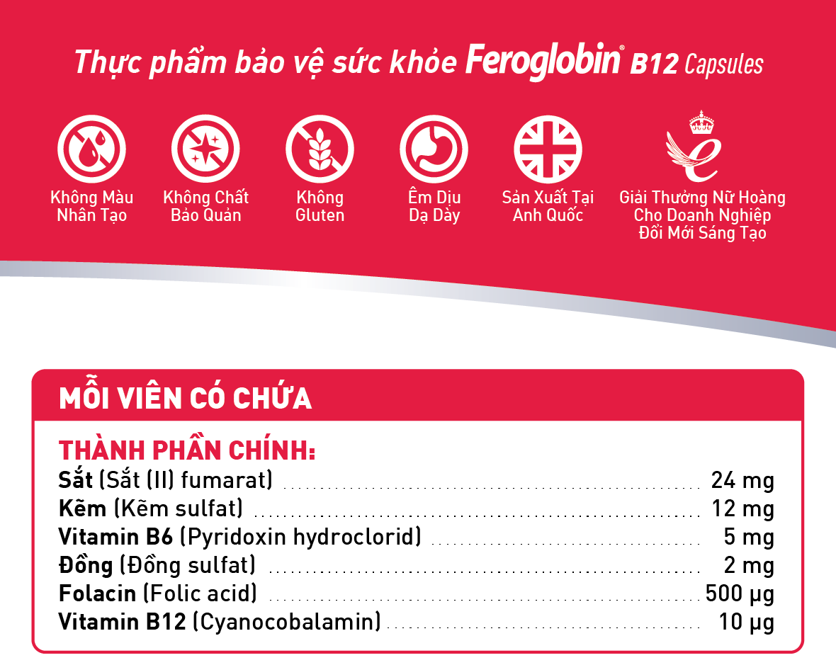 Thực phẩm bảo vệ sức khỏe FEROGLOBIN B12 Capsules - Hỗ trợ tăng khả năng tạo máu, hỗ trợ nâng cao sức đề kháng - HÀNG CHÍNH HÃNG - CÓ TEM CHÍNH HÃNG - Hộp 30 viên - KÈM QUÀ TẶNG 2