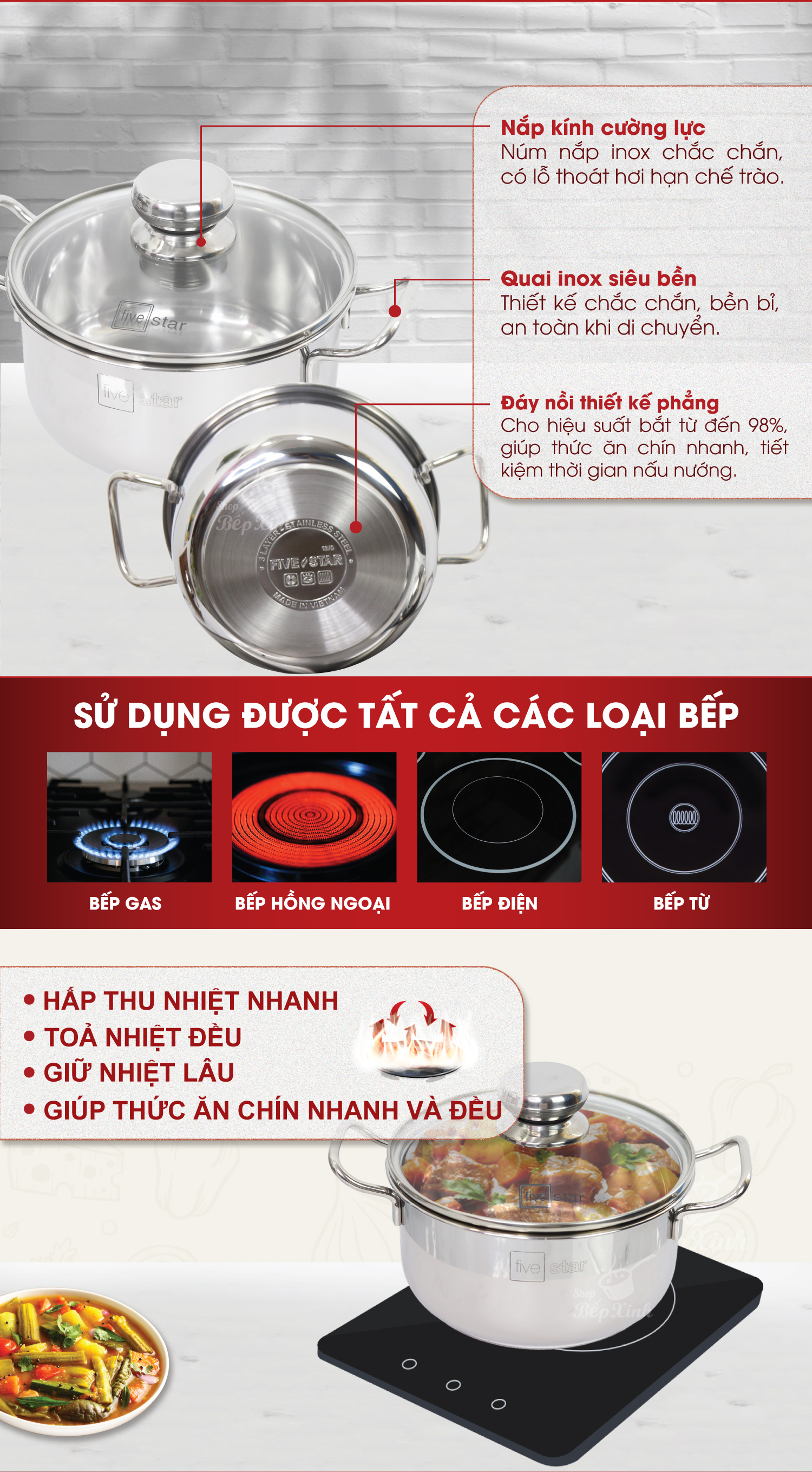 Bộ nồi chảo chống dính Fivestar 3 đáy từ nắp kính ( tặng 2 vá canh )
