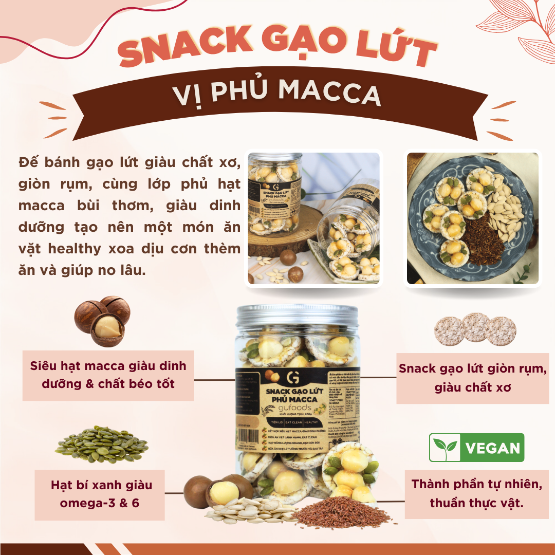 Snack gạo lứt phủ macca GUfoods - Topping siêu hạt, Giòn rụm, Thơm bùi, Giàu dinh dưỡng, Healthy, Eat clean, Thuần chay