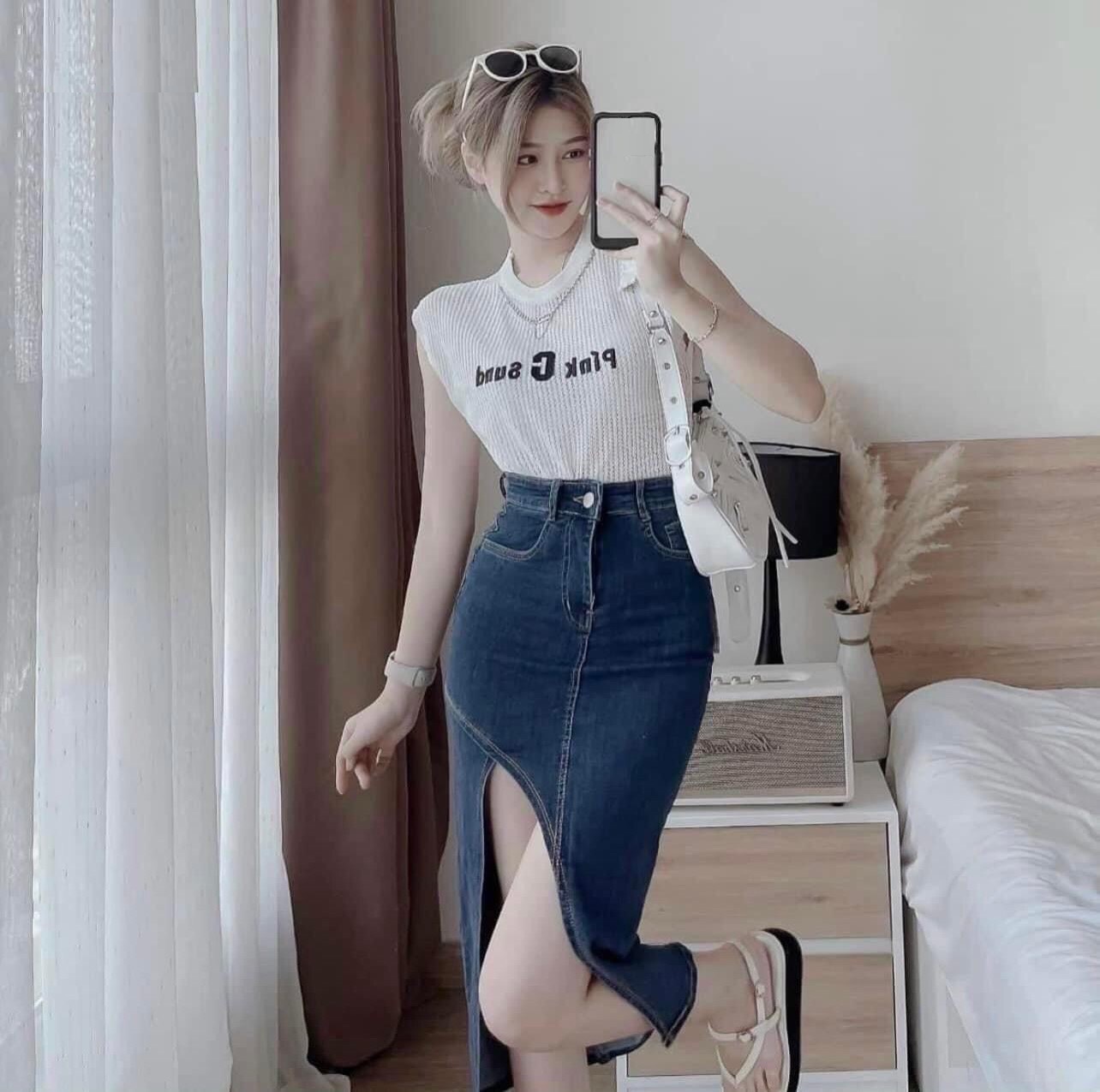 Chân Váy Jean Lưng Cao Xẻ Tà Thời Trang