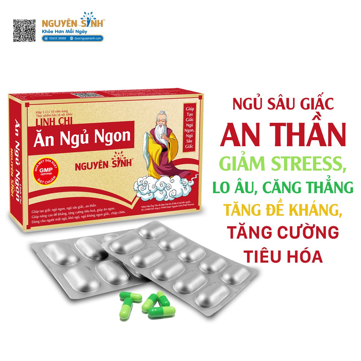 Combo 10 hộp ĂN NGỦ NGON NGUYÊN SINH Thực Phẩm Chức Năng Chăm Sóc Giấc Ngủ, Giảm Căng Thẳng Lo Âu, Kích Thích Ăn Ngon (Hộp 3 Vỉ x 10 Viên) 2