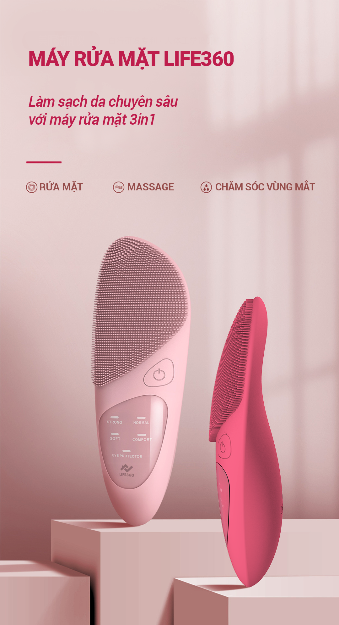 Máy Rửa Mặt Silicone Siêu Mềm Life360 LE-MRM22 với 5 Chế Độ Rửa Mặt Sạch Sâu, Massage và Chườm nóng vùng mắt - Đỏ