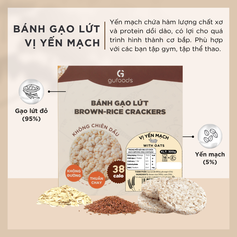 Bánh gạo lứt GUfoods (300g) - Không chiên dầu, Không đường, Từ gạo và ngũ cốc nguyên hạt, Lành mạnh, Phù hợp Eat clean, Ăn vặt healthy, Thực dưỡng, Tập gym, Thuần chay, Đa dạng hương vị