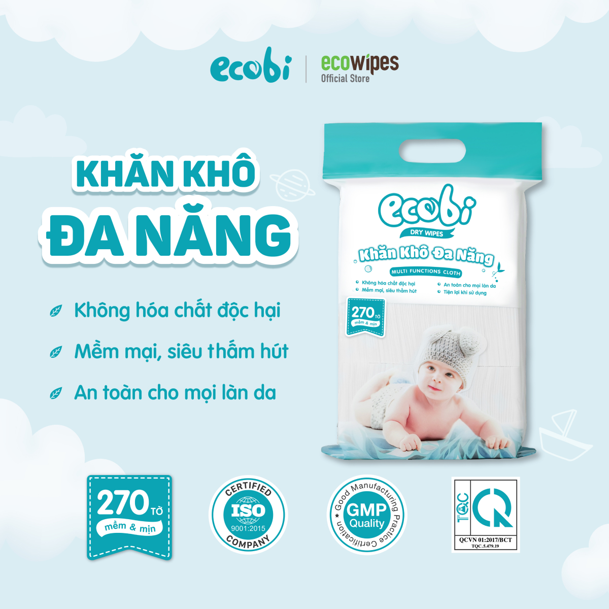 Khăn khô đa năng cao cấp cho bé EcoWipes Ecobi không mùi không paraben an toàn cho da bé