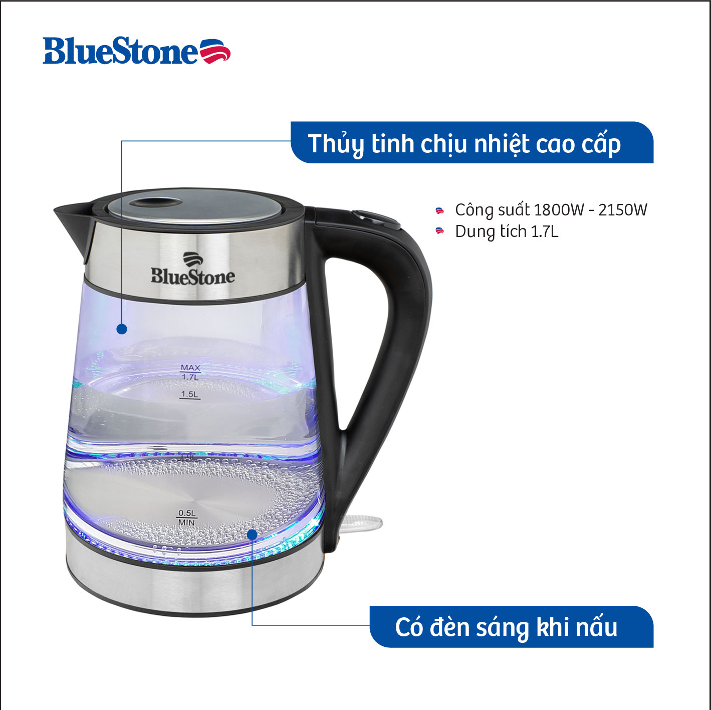 Ấm Đun Nước Thủy Tinh Bluestone KTB-3426 (1.7 Lít)