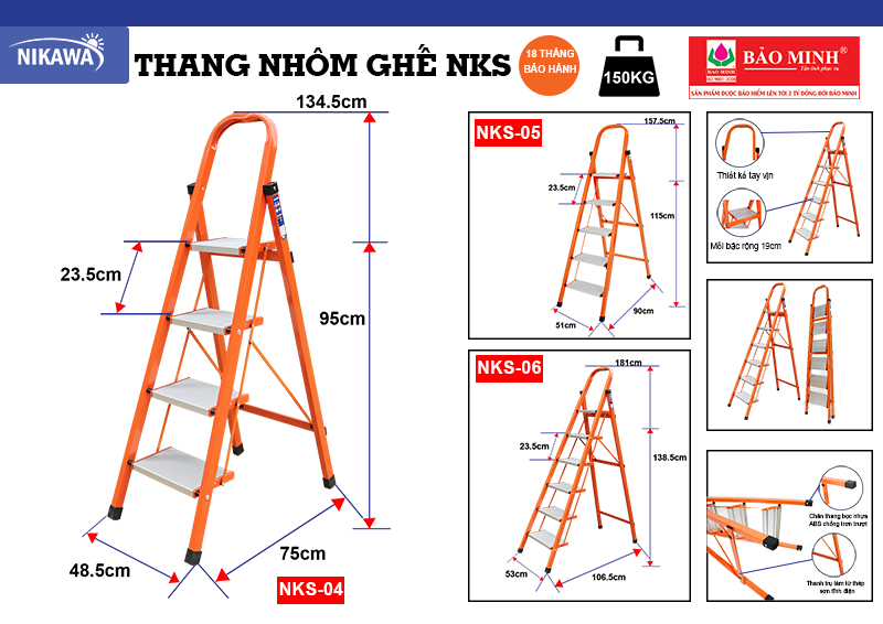 Thang Ghế Nikawa NKS-04 - 4 Bậc - 92cm - Màu Cam
