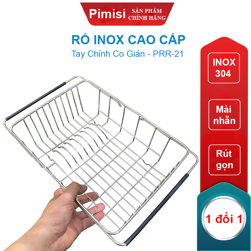 Rổ Inox 304 Chữ Nhật Gác Bồn Rửa Chén Pimisi Úp Bát Đĩa - Rau Củ Quả Với Thiết Kế Thông Minh Điều Chỉnh Độ Dài Co Giãn Chiều Dài Khay, Tay Nắm Kéo Từ Thép Không Gỉ SUS 304 - Với 4 Góc Vuông Bo Tròn Phù Hợp Với Mọi Chậu Rửa Bát  | Hàng Chính Hãng