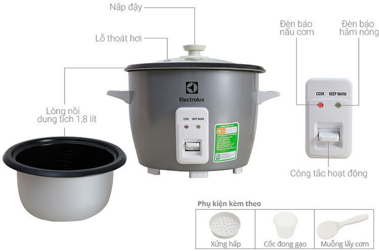 Nồi Cơm Điện Nắp Rời Electrolux ERC1800 (1.8L) - Hàng chính hãng