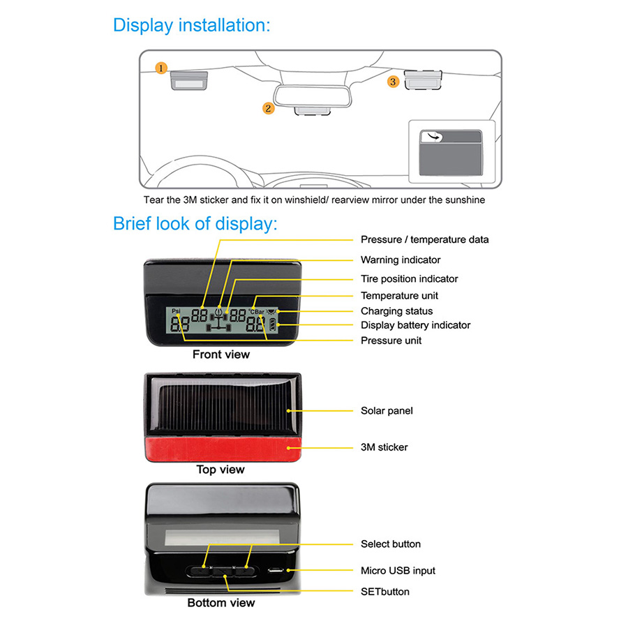 Steelmate ET-640AE DIY TPMS Car Tire Pressure Monitoring System with LCD Display 4 Valve-cap Sensors Bar PSI Unit