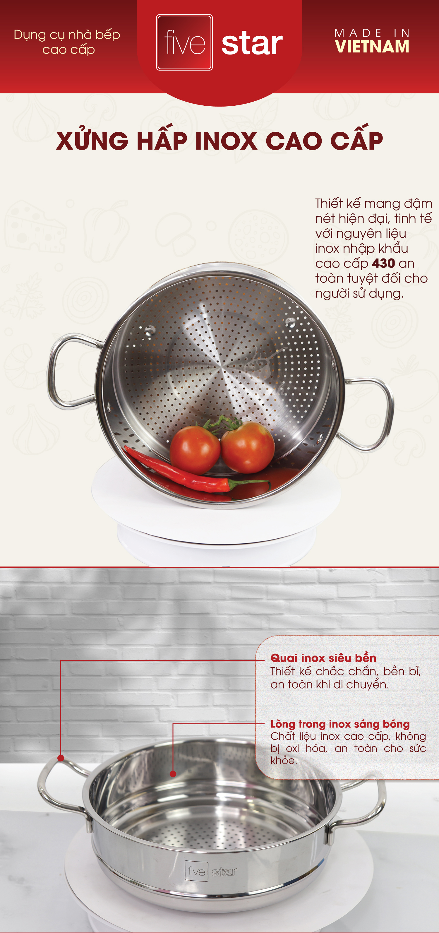 Xửng Hấp Inox 2 Quai Fivestar Tặng 2 Muỗng Canh - Bạc