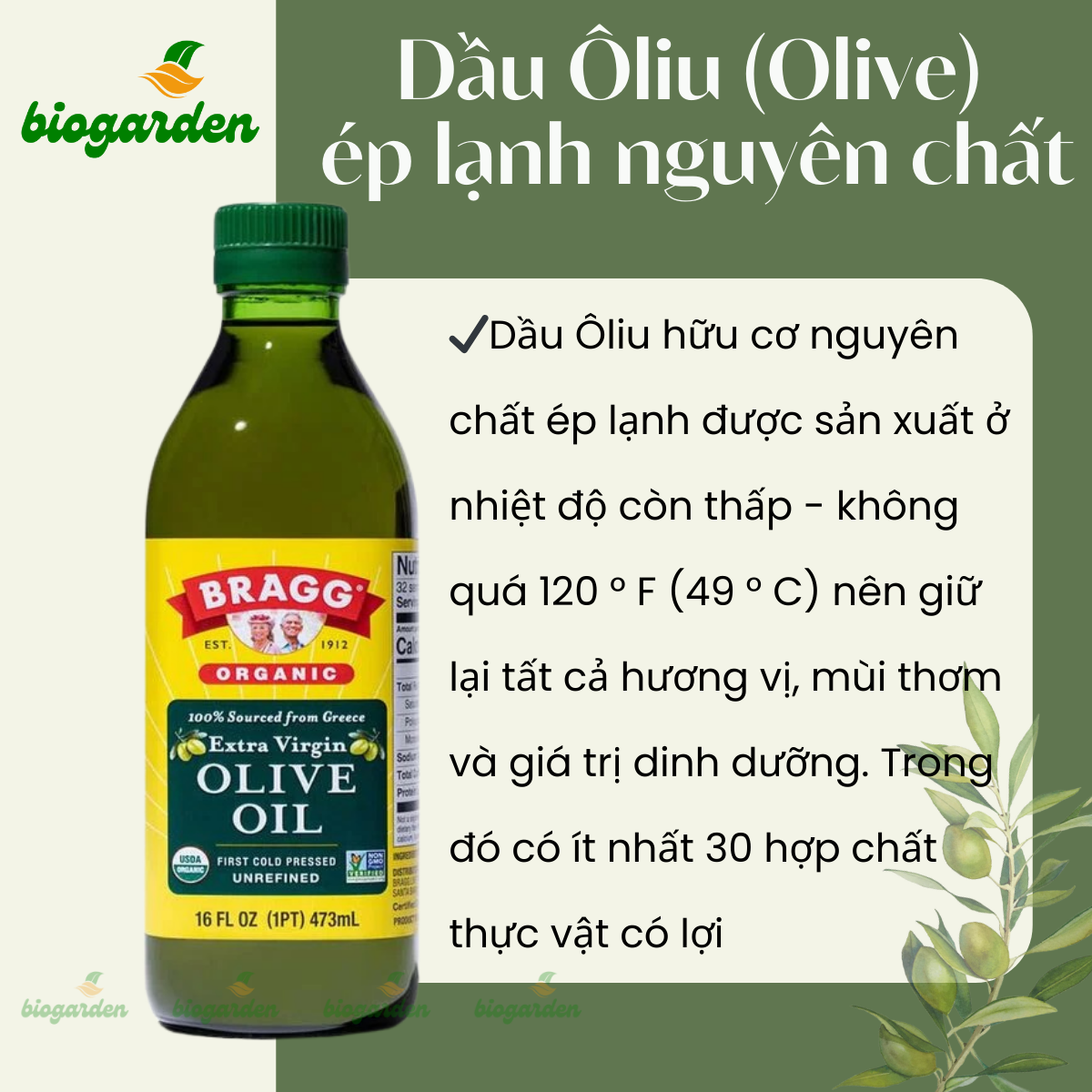 Dầu ô liu siêu nguyên chất Extra Virgin Ép Lạnh Hữu Cơ Bragg