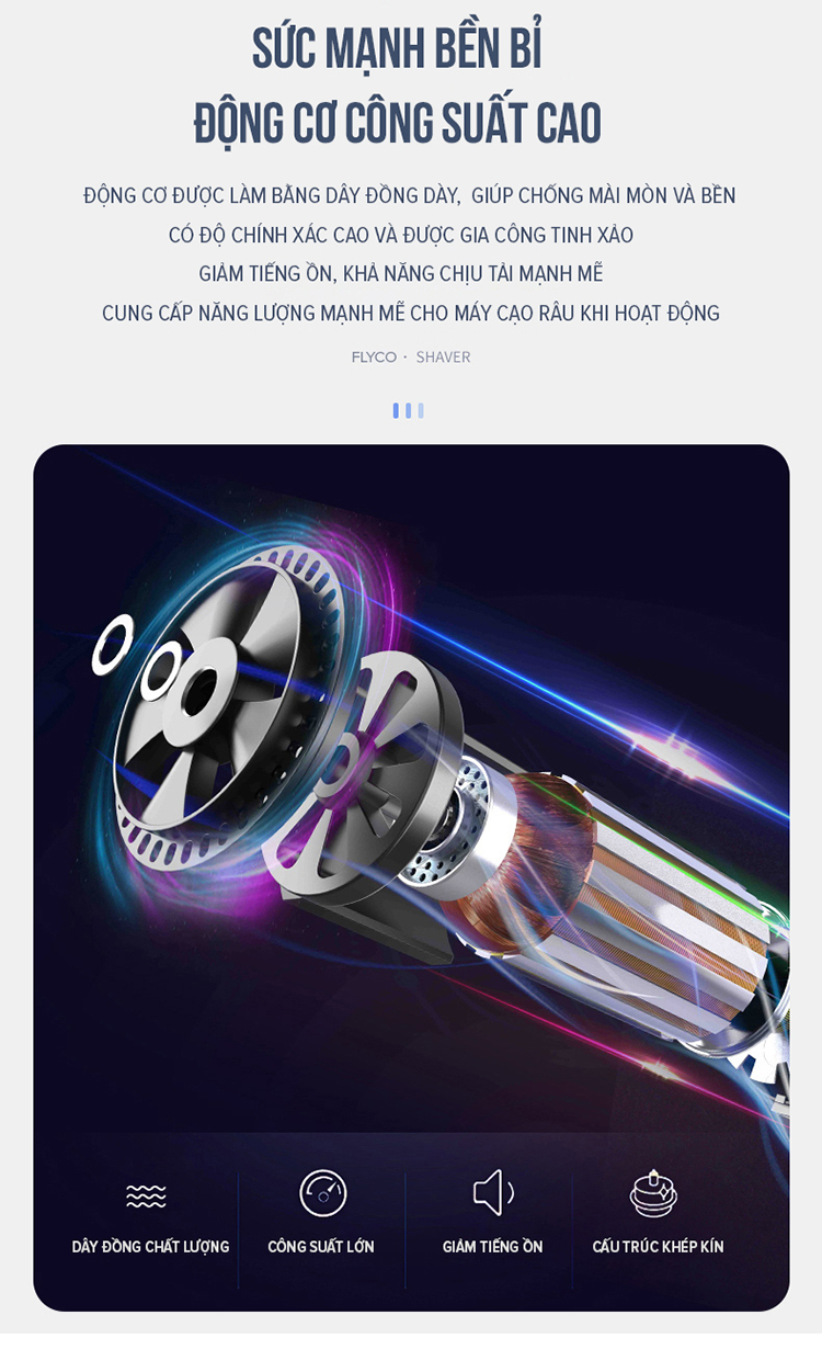 Máy Cạo Râu Flyco FS197VN 3 Lưỡi Kép Thân Máy Kháng Nước Sạc Nhanh 1 Giờ Cáp Sạc USB - Hàng Chính Hãng