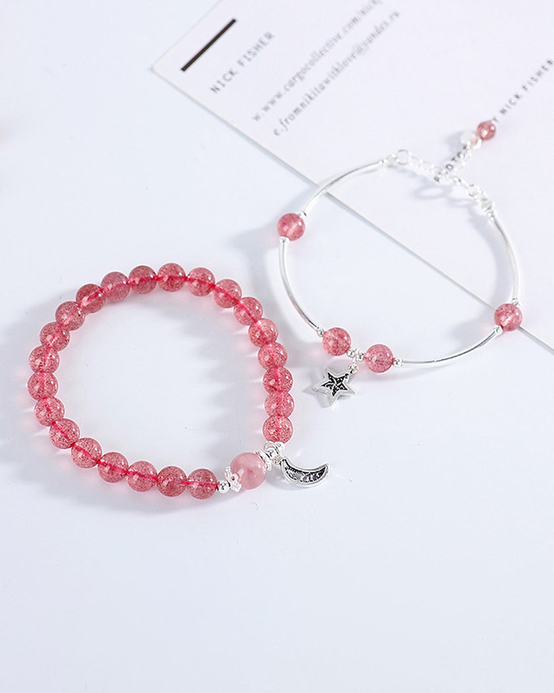 Vòng đôi đá thạch anh dâu phối charm trăng sao mệnh hỏa, thổ - Ngọc Quý Gemstones