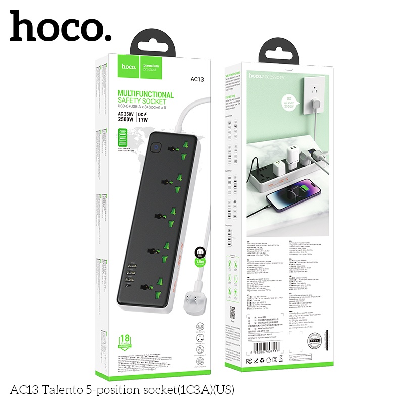 Ổ Cắm Điện USB Đa Năng cao cấp chống giật, sạc nhanh 17W chống cháy nổ, dây dài 1.5m AC13 - hàng nhập khẩu