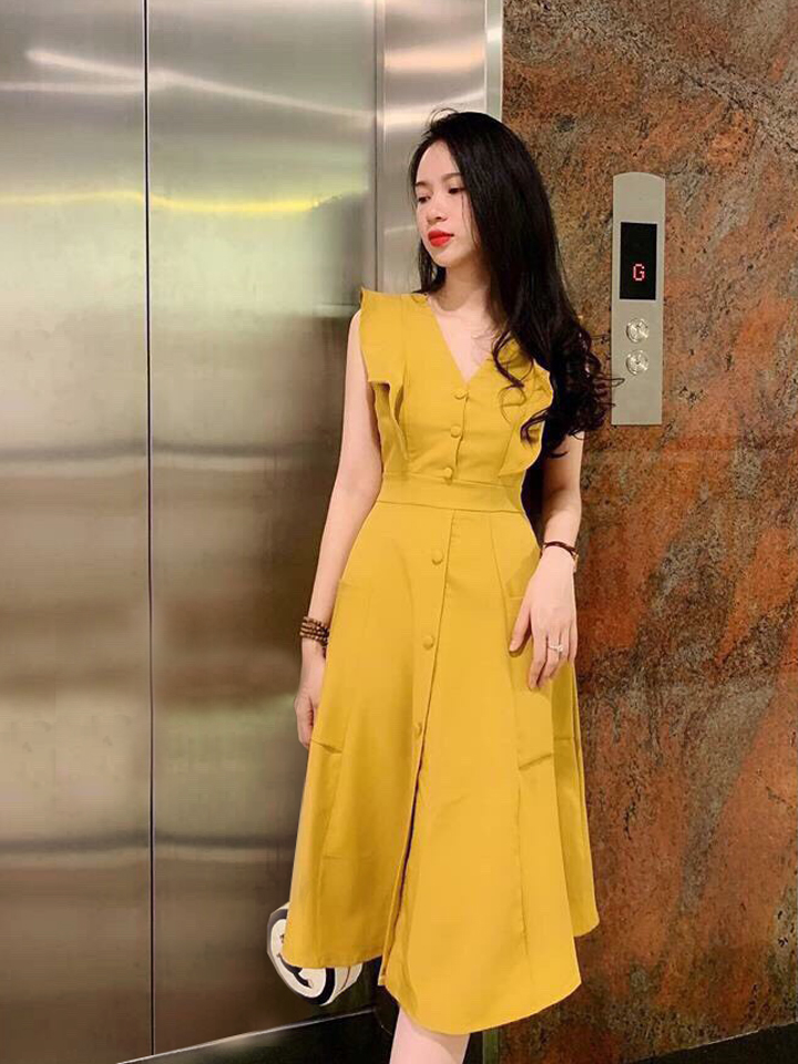Đầm xòe kiểu tay cánh tiên cổ V Hồng nude  AlvinStoreVn