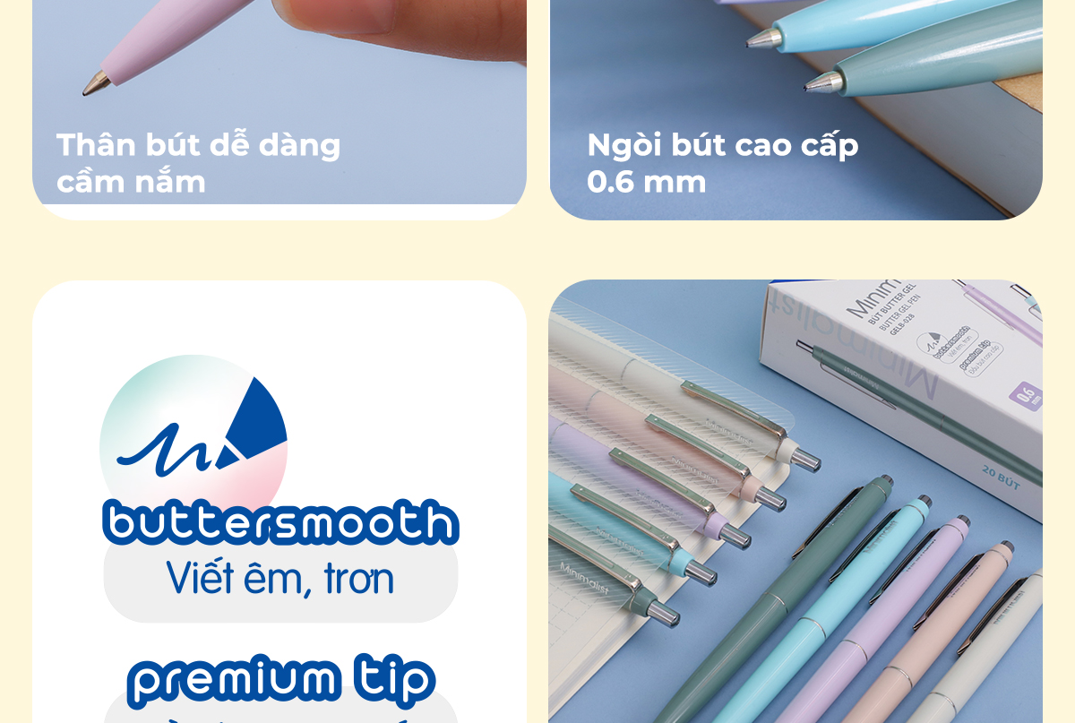 Combo 5/10/20 Bút gel B - Minimalist Butter Gel Thiên Long - Premium tip - Mực Xanh - Màu thân ngẫu nhiên