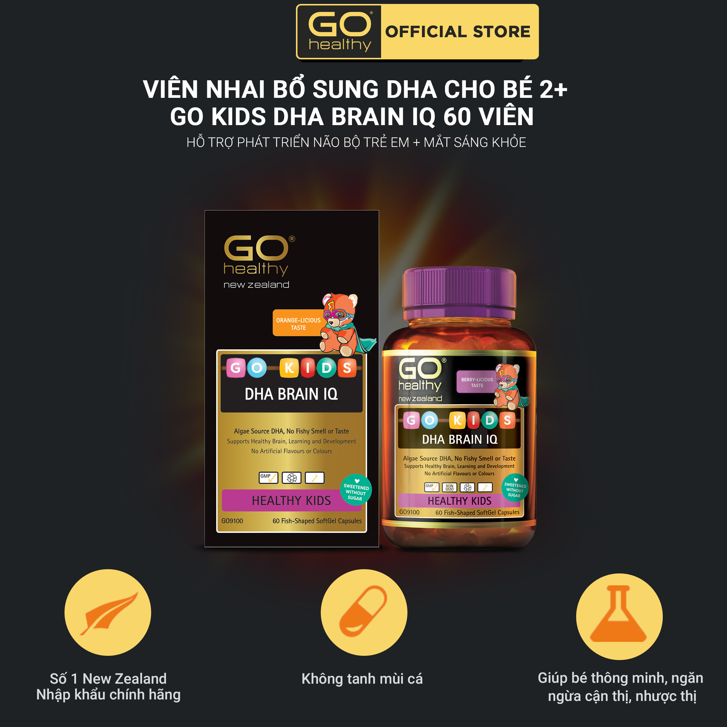 GO KIDS DHA BRAIN IQ 60 VIÊN - Viên nhai DHA cho bé nhập khẩu chính hãng GO Healthy New Zealand