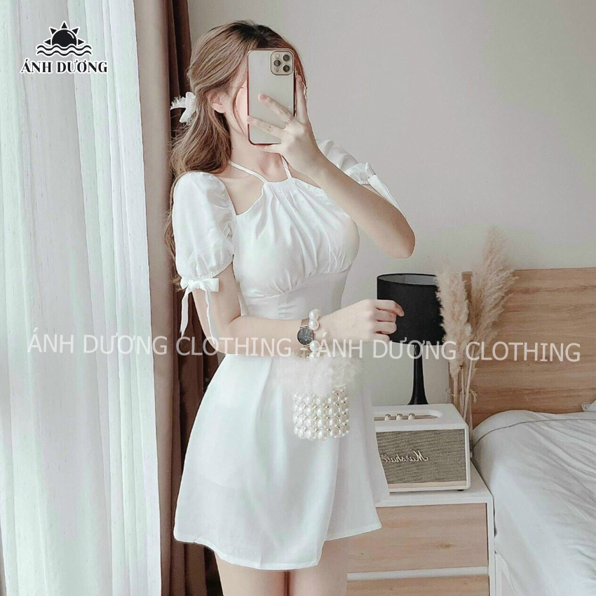 Váy nữ thời trang tay phồng cổ yếm dáng xoè cột nơ có mút Ánh Dương Clothing