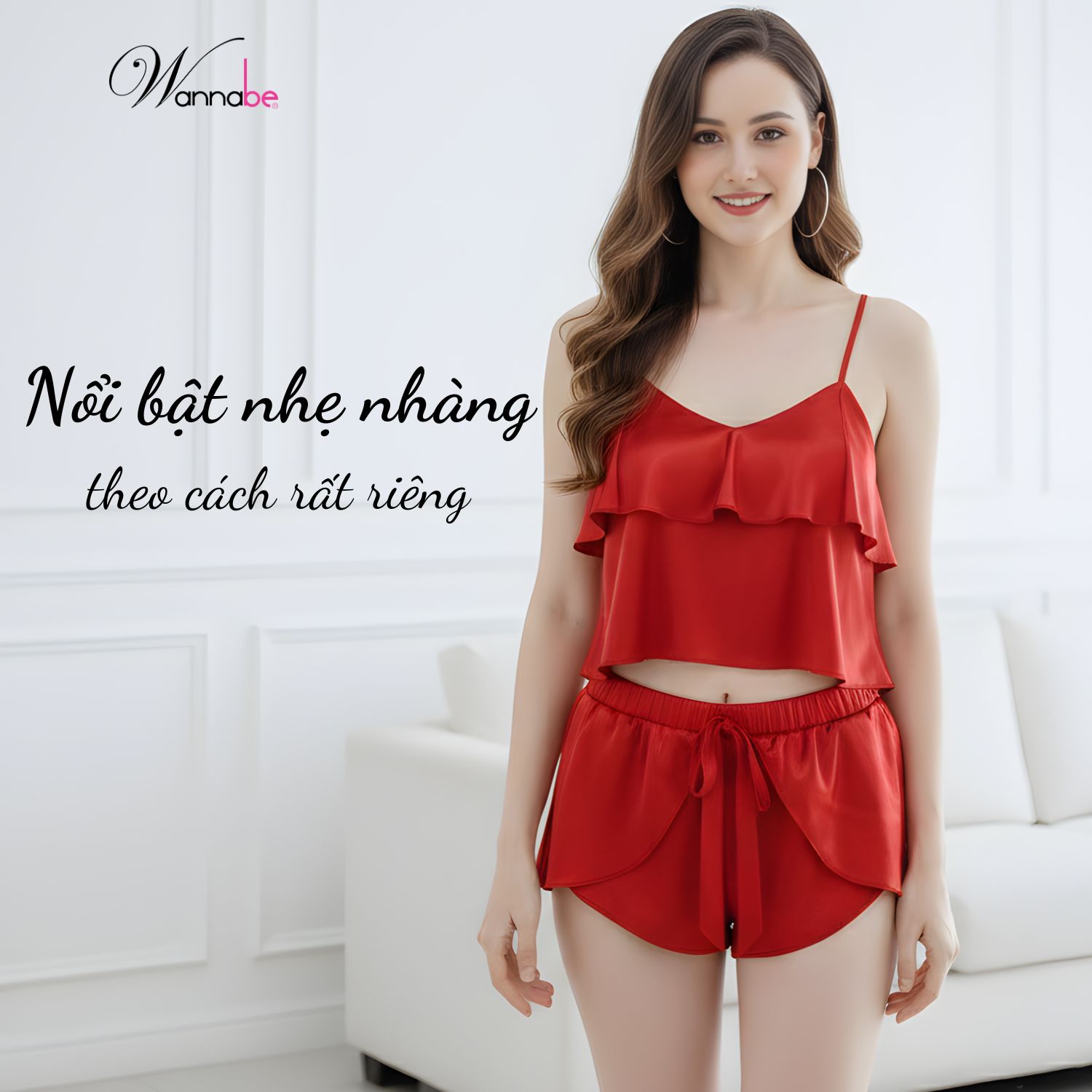 Đồ bộ mặc nhà WANNABE BSS05 đồ bộ quần sọt đắp bèo phối áo 2 dây crop top bèo tầng tạo độ phồng cho ngực