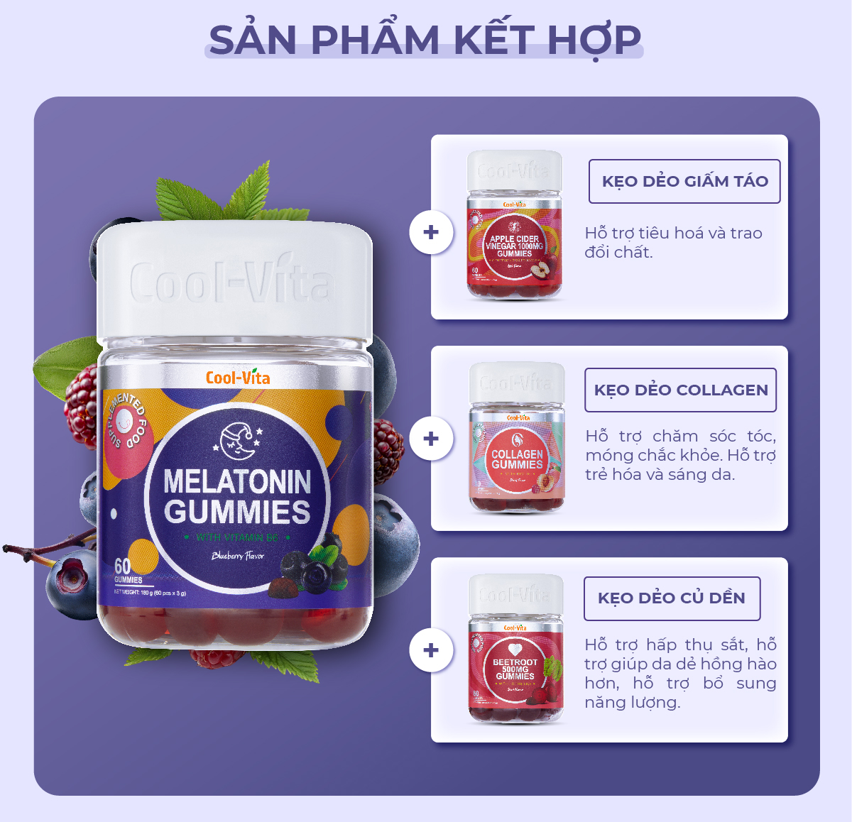 Kẹo Dẻo Melatonin Hỗ Trợ Giấc Ngủ Ngon Sleep Well Gummies & Hỗ Trợ Giảm Căng Thẳng Vị Việt Quất Kết Hợp Vitamin B6 Coolvita – (60 viên x 3g)/hộp