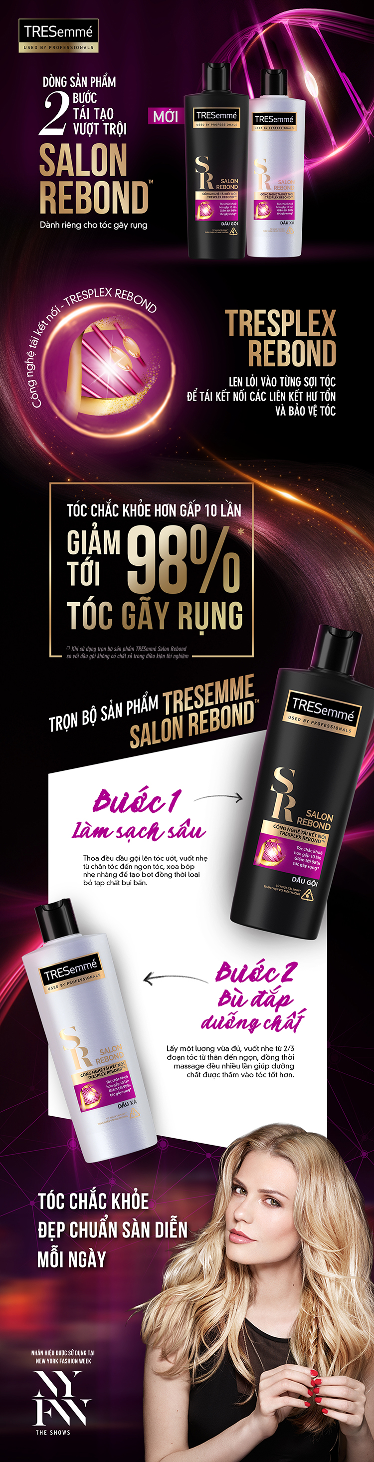 Combo Dầu Gội 640gr Và Dầu Xả 620gr TRESemmé Salon Rebond Công Nghệ Tái Kết Nối Ngăn Ngừa Gãy Rụng