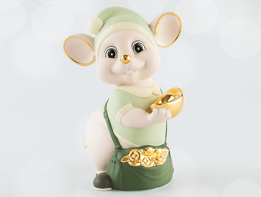 Chuột Quý Họa Tiết xanh ngọc Trang Trí Vàng 24K Gốm Sứ Minh Long 00571608V (16cm) - Phiên Bản Đặc Biệt