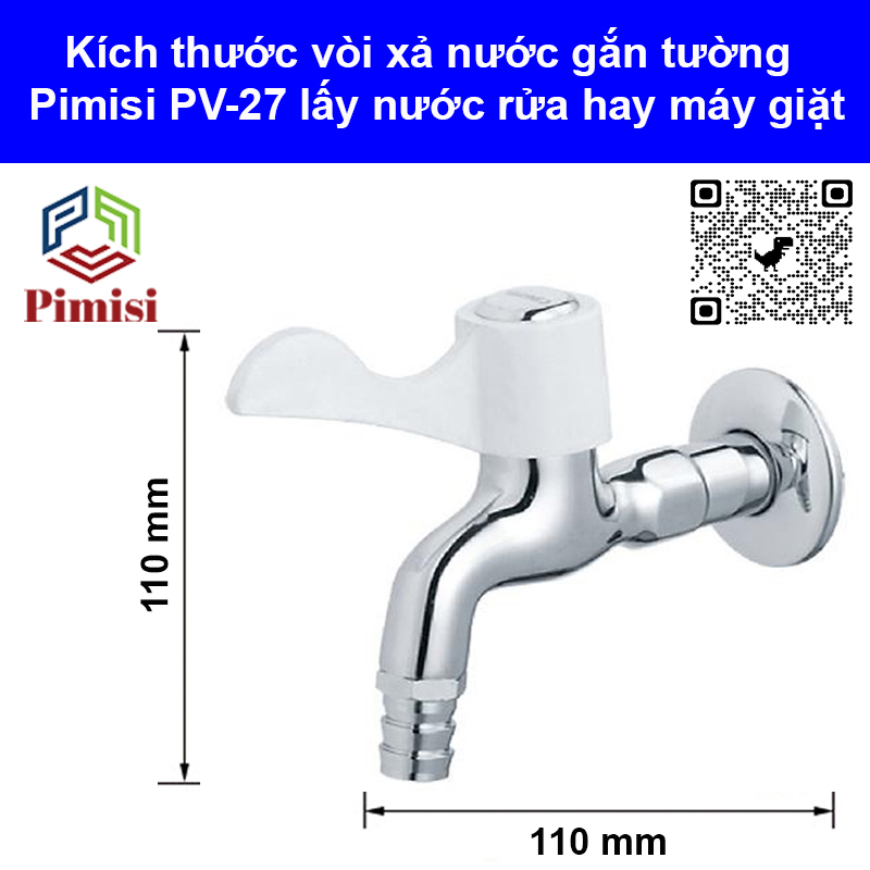 Kích thước vòi xả nước gắn tường Pimisi PV-27 lấy nước rửa hoặc máy giặt