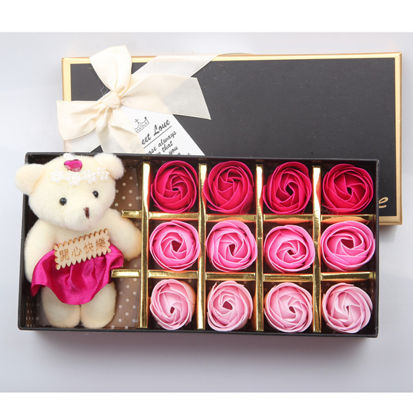 Hộp Quà Hoa Hồng Sáp 12 Bông 3 Màu Sắc Kèm Gấu
