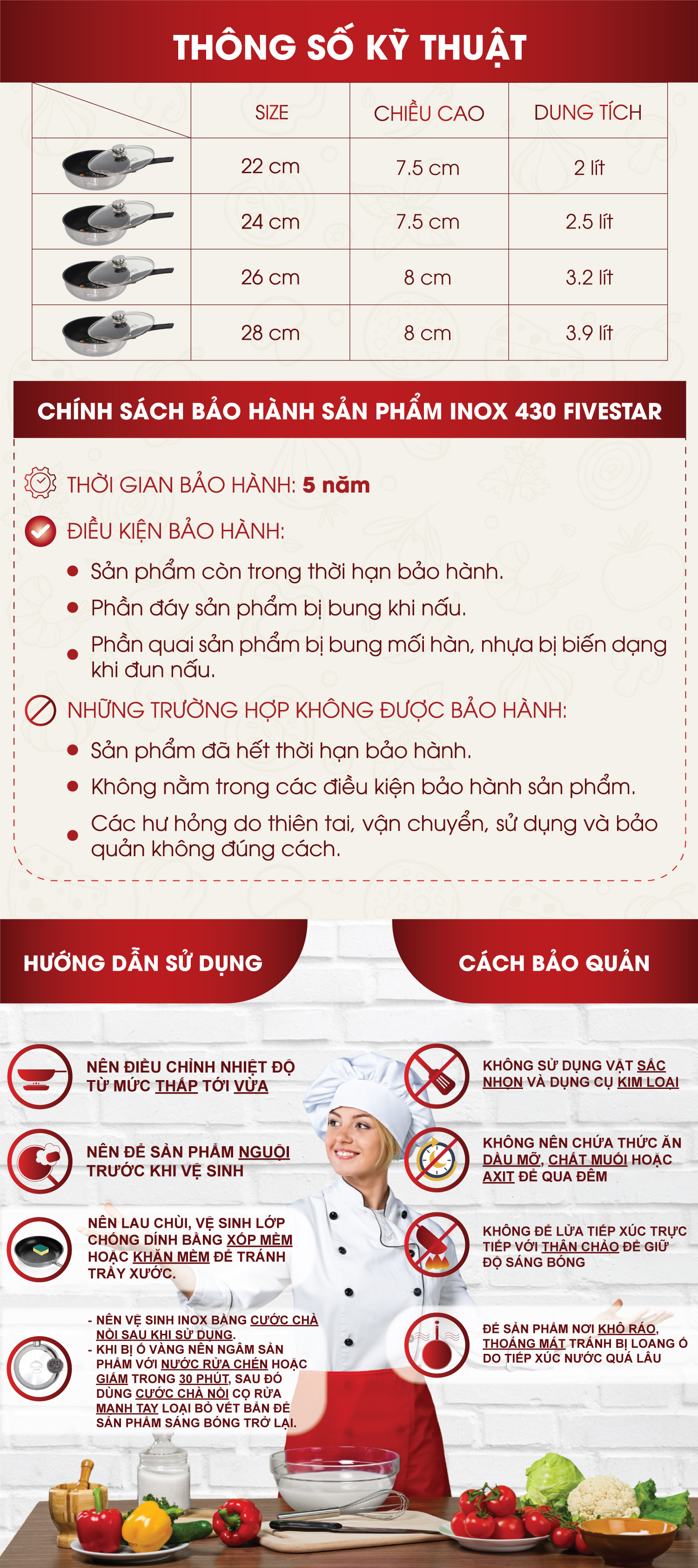 Chảo inox chống dính sâu lòng có nắp kính cao cấp Fivestar 24cm , 26cm  , tặng 1 sạn dừa , tay cầm cách nhiệt