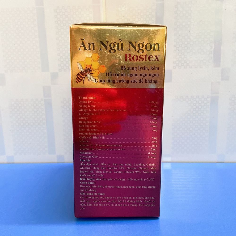 Viên Ăn Ngủ Ngon Rostex loại bỏ mất ngủ, căng thẳng, stress - Chai 60 viên bổ sung omega 3, lysin, kẽm