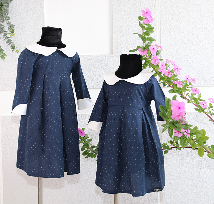 Đầm Bé Gái Xanh Đen Tay Lửng Cổ Sen Trắng KIKA GND-0002