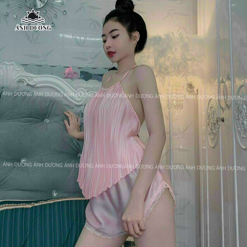 Đồ ngủ nữ sexy dập ly cổ yếm cột dây vải phi bóng phối ren Ánh Dương Clothing