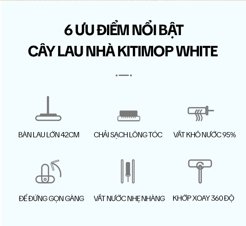 Cây Lau Nhà Tự Vắt KITIMOP WHITE 42CM, Chổi Lau Nhà Tự Vắt Thông Minh Xoay 360 Độ, Lau Sàn Làm Sạch