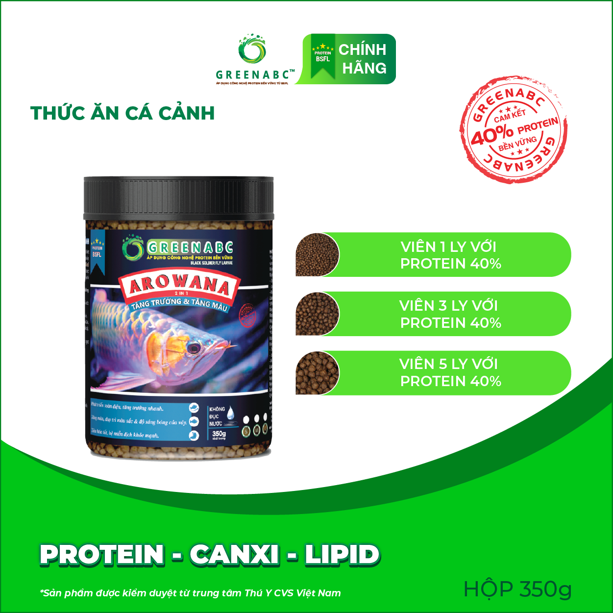Thức ăn Cá Rồng GREENABC - Arowana Fish – Hàm lượng protein 40% giúp tăng trưởng nhanh, tăng đề kháng, vảy rực rỡ - Hộp 350g