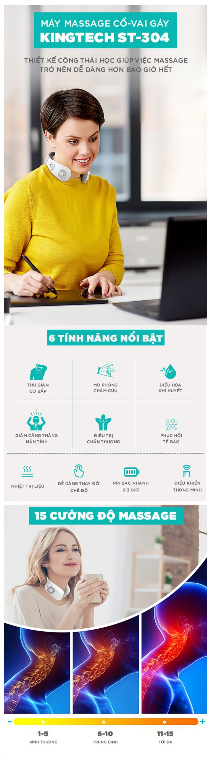 Máy Massage Cổ Vai Gáy Chuyên Sâu KINGTECH - Sử Dụng Xung Điện Kết Hợp Nhiệt Trị Liệu - Quà Tặng Cao Cấp - Chính Hãng