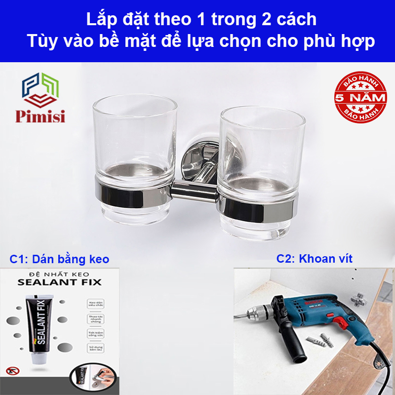 Lắp đặt kệ cốc Pimisi PR-023-043 theo 1 trong 2 cách tùy vào bề mặt phù hợp