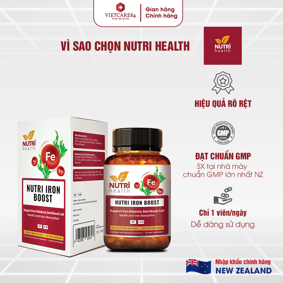 [Tặng Folic Acid] Viên Sắt Hữu Cơ New Zealand Nutri Iron Boost 30 Viên | Giúp Bổ Sung Sắt, Acid Folic Cho Cơ Thể - Nhập Khẩu Chính Hãng