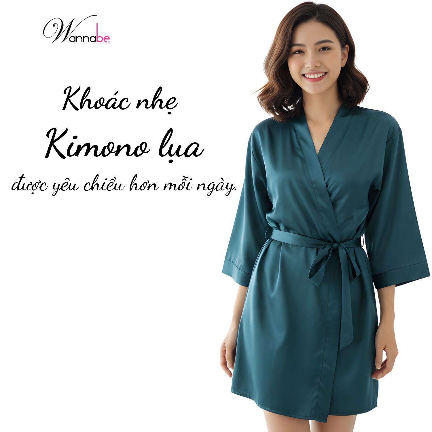 Áo choàng ngủ WANNABE KI010 áo khoác ngủ kimono dạng cơ bản trơn đơn giản dễ mặc sang trọng