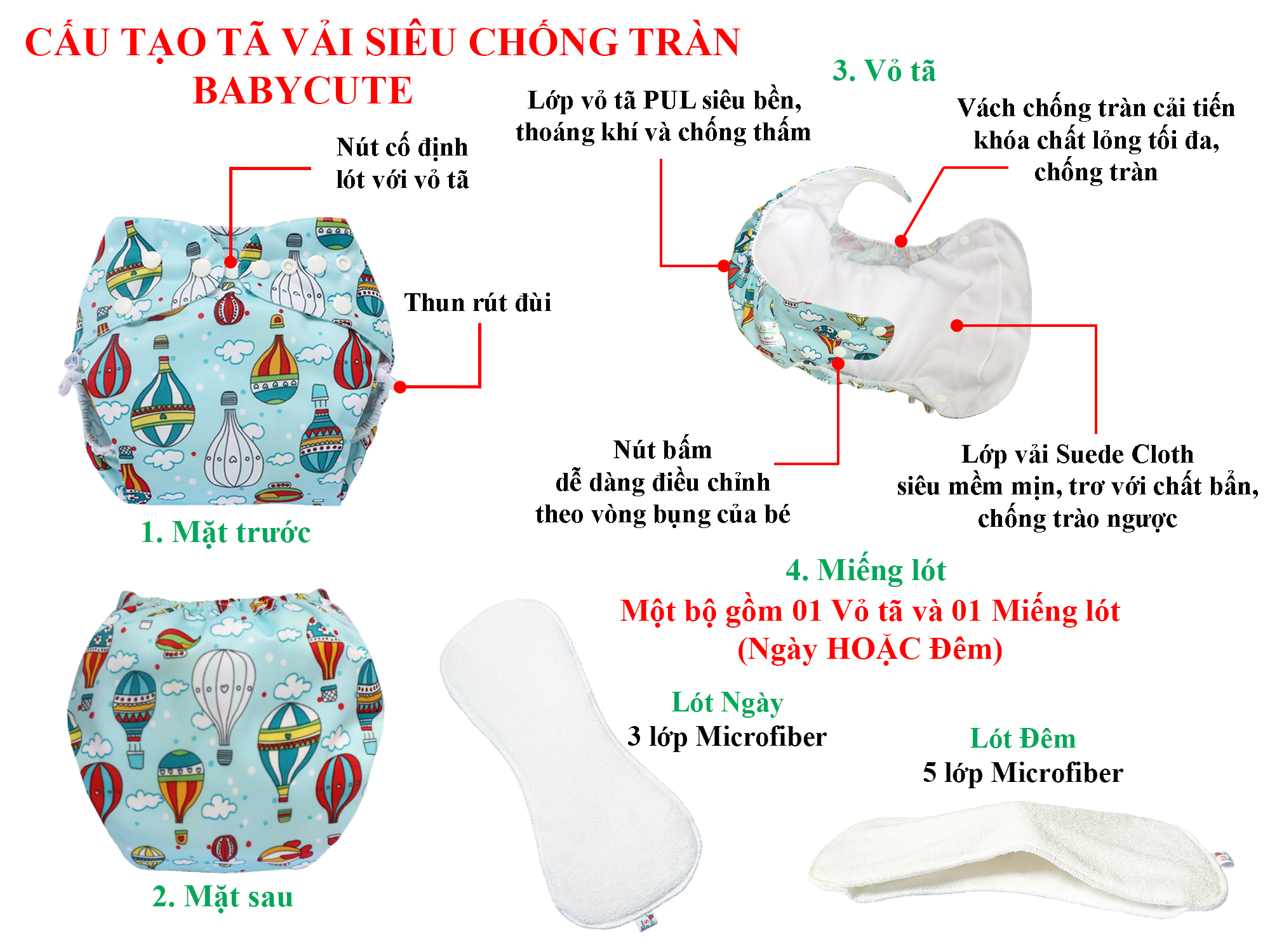 Tã vải BabyCute ban Đêm Siêu chống tràn - Mua 2 bộ tã size M (8-16kg) - Tặng 1 bỉm Cotton size 2 (10-15kg) - Giao mẫu ngẫu nhiên 1