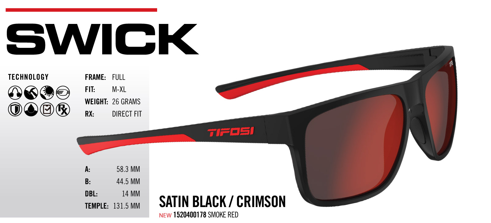 Kính mát thể thao Unisex Tifosi Swick - Gọng Satin Black/Crimson, Tròng Smoke Red