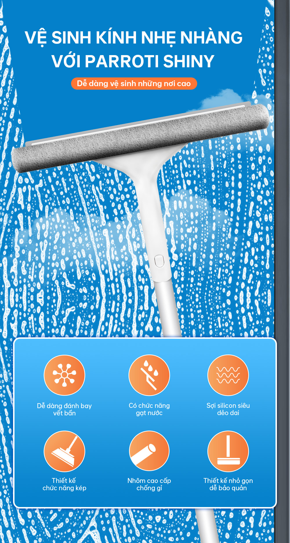 Cây lau kính, gạt chùi kính đa năng 2 đầu trong 1 - Parroti Shiny SN01
