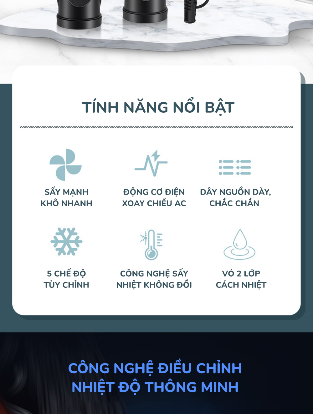 Máy sấy tóc công suất lớn CWELL 2500W, 3 chế độ nhiệt 2 chế độ gió, tạo kiểu tóc Chuẩn Salon C06HD