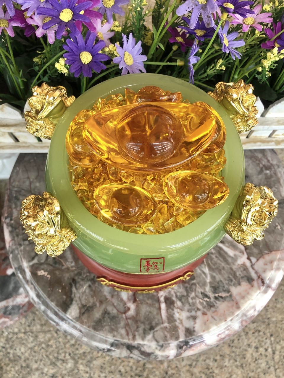 Bát vàng, Bát Tụ Tài, Bát Tụ Bảo đá ngọc cẩm thạch xanh Hút Tài, Hút Lộc, Chiêu tài nạp lộc - Cao 18 cm