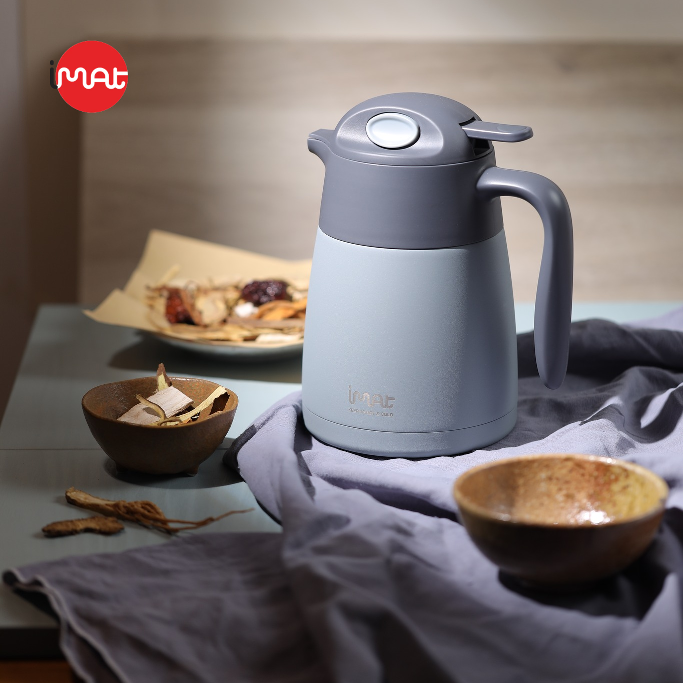 Bình ủ nhiệt iMat có phin lọc 1200ml màu xanh xám, ruột bình, phin lọc Inox 304