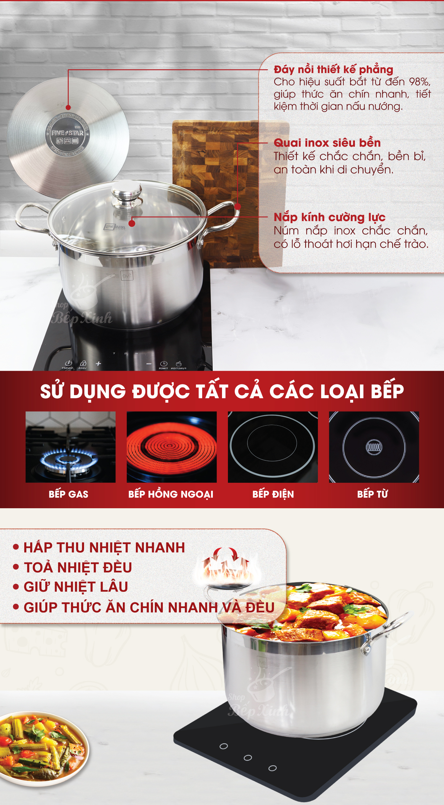 Nồi luộc gà Fivestar 3 đáy inox 430 nắp kính ( 30cm ), tặng 1 vá canh, dùng được bếp từ , gas, hồng ngoại