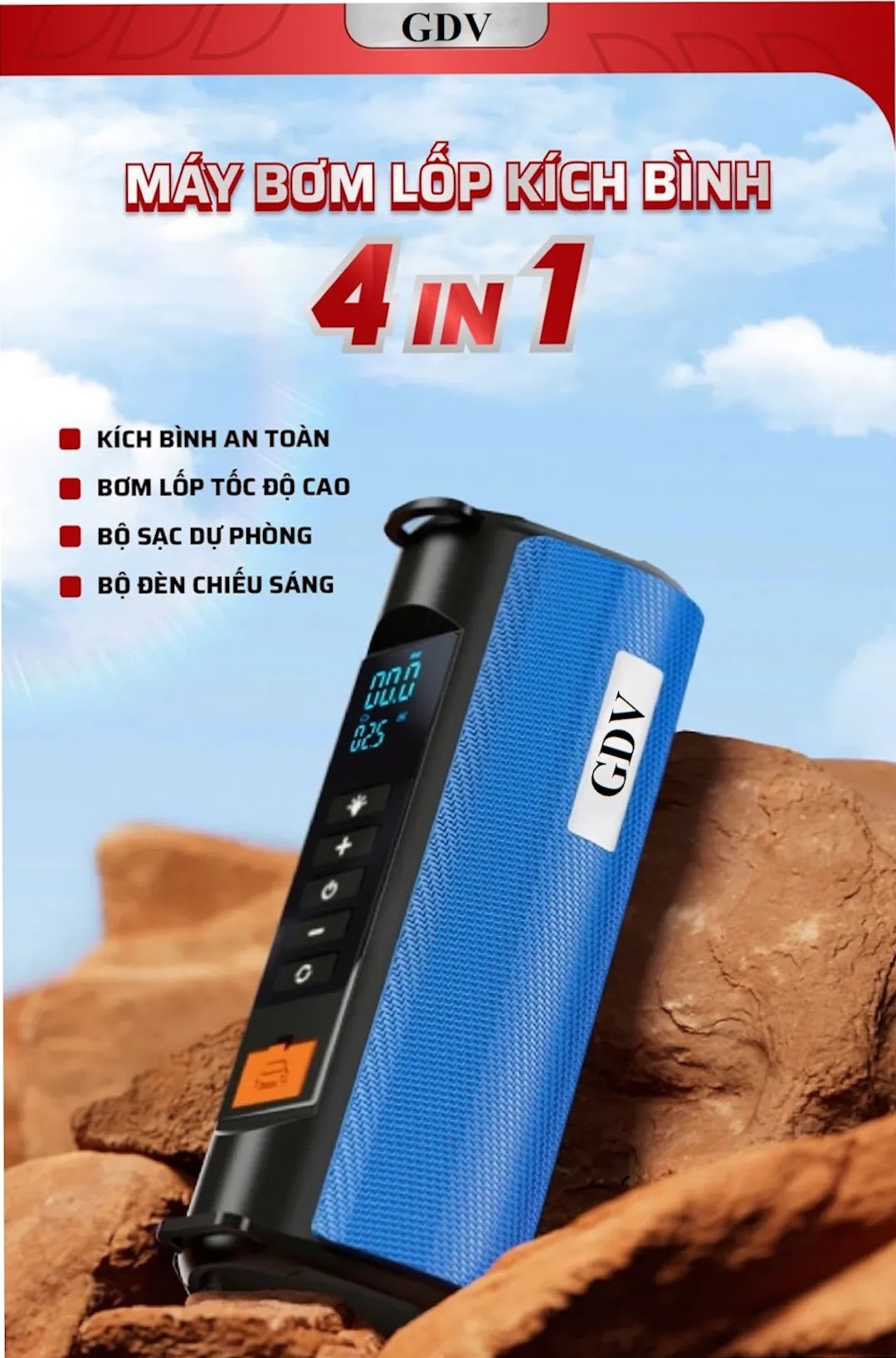 Bơm Lốp, Kích Bình Ô Tô, Xe Máy 4in1 GDV TS03 Pin LI-PO 12000mAh Kiêm Sạc Dự Phòng, Đèn Pin Chiếu Sáng - Hàng Chính Hãng