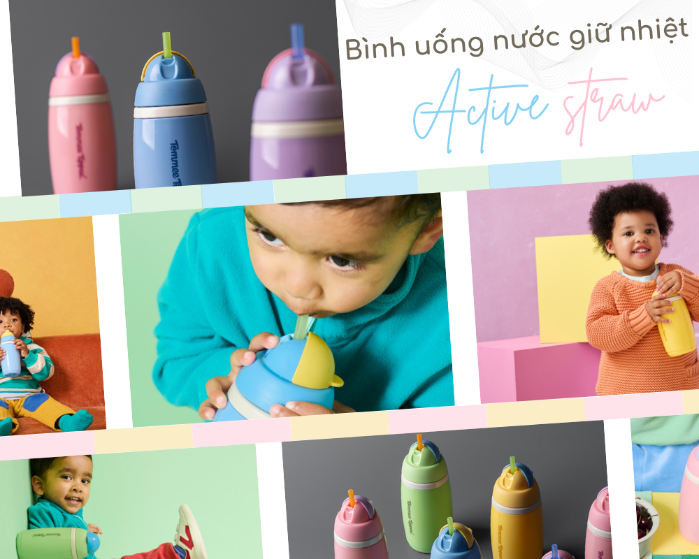Bình uống nước giữ nhiệt có ống hút chống tràn, chống sặc Tommee Tippee ACTIVE STRAW, 266ml, cho bé từ 12 tháng – Xanh